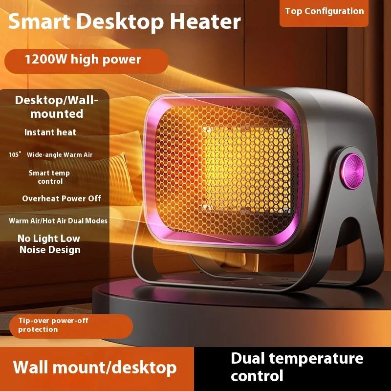 White desktop ceramic heater with rotating base and push-button controls