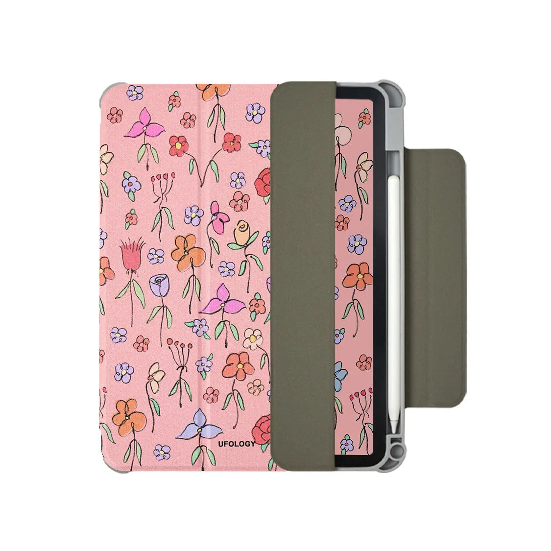 Magnetic double-sided clip attached to a polyurethane flat shell case for a 10.9-inch iPad Air tablet.