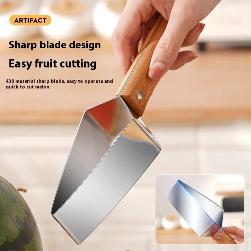Natural colour 430 stainless steel triangle watermelon splitter with protective cover on a light background