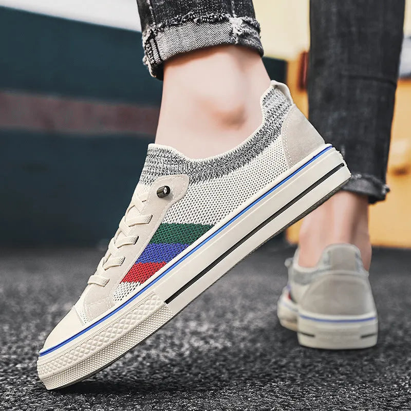 Breathable thin knitted mesh men's casual sneakers in beige with flat rubber sole and elastic band closure