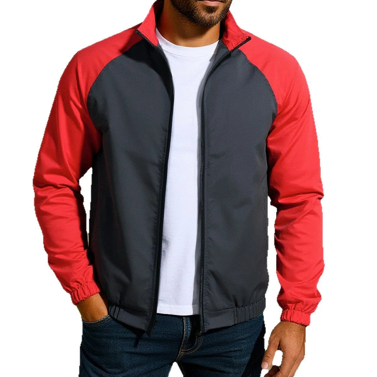 Men's casual stand collar contrast colour jacket in loose fit, polyester blend, green colour, front view