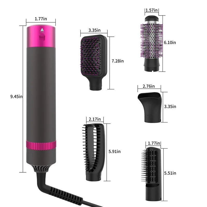 Dyson grey 5-in-1 hair dryer brush styling tool with multiple brush attachments on white background