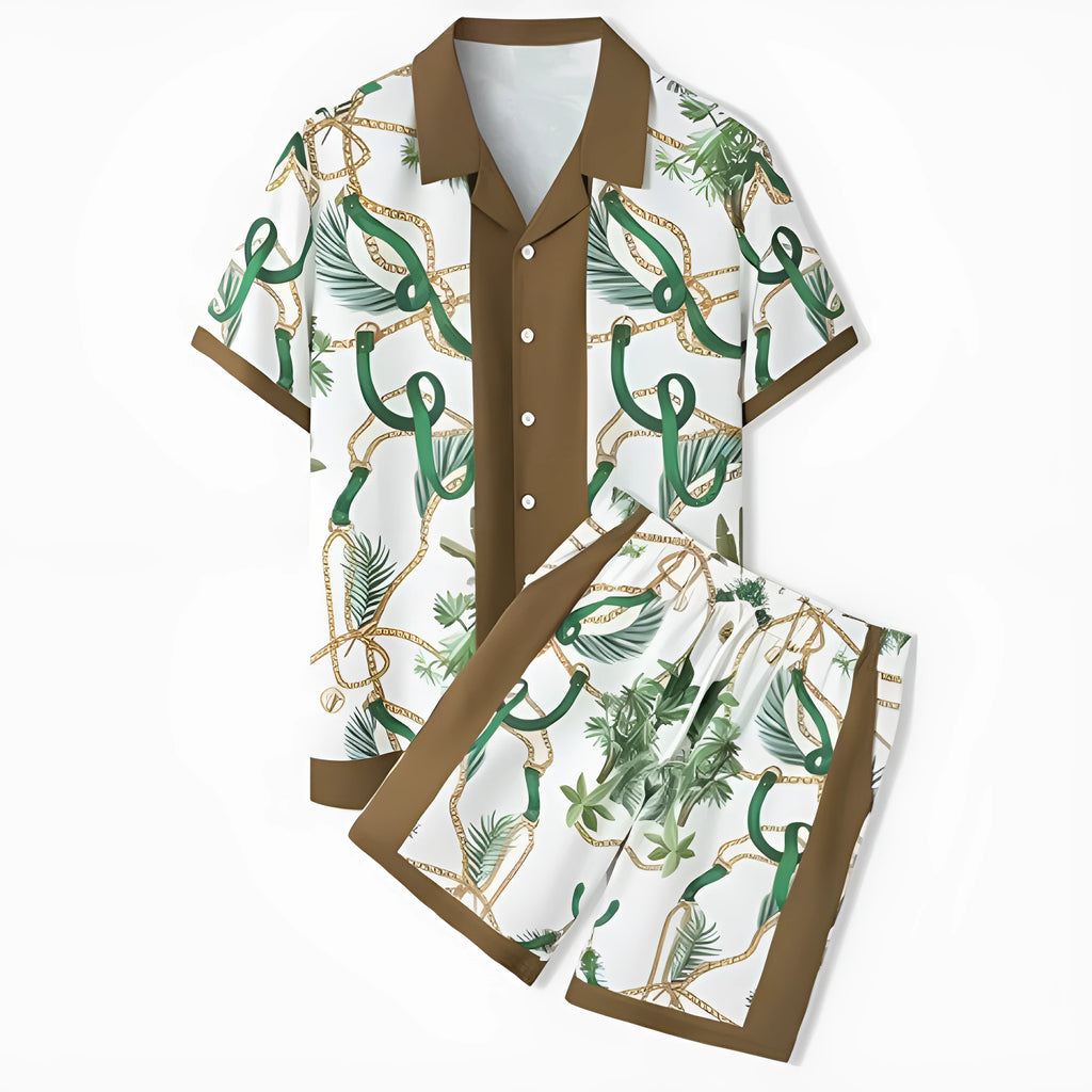 Plaid printed beach outfit set for men and women, featuring a short sleeve shirt and matching trousers.