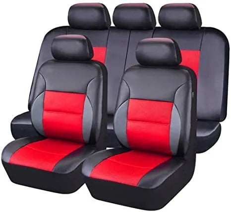 Artificial leather car seat covers in black, grey, beige, red or blue colours with headrest covers