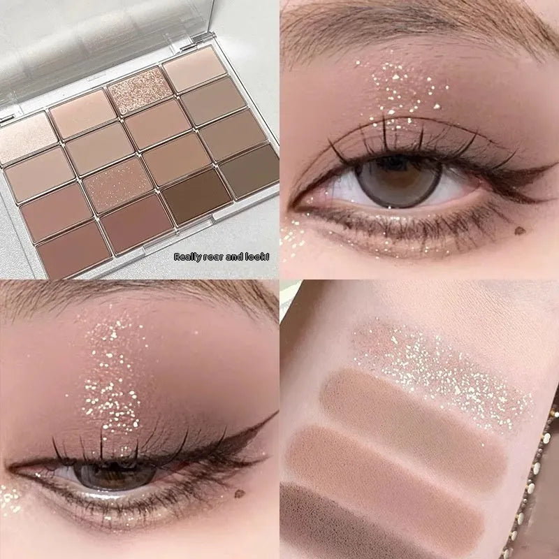 16 colour eyeshadow plate with shimmer and matte finishes in pink and brown shades