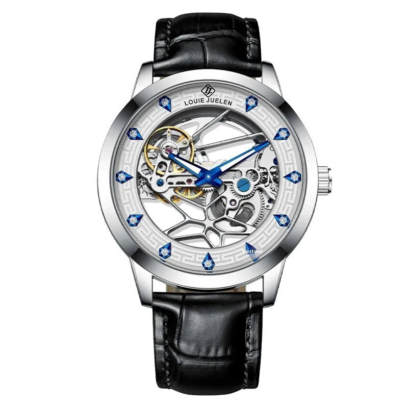 Men's silver mechanical watch with white dial, blue hands, and brown leather strap