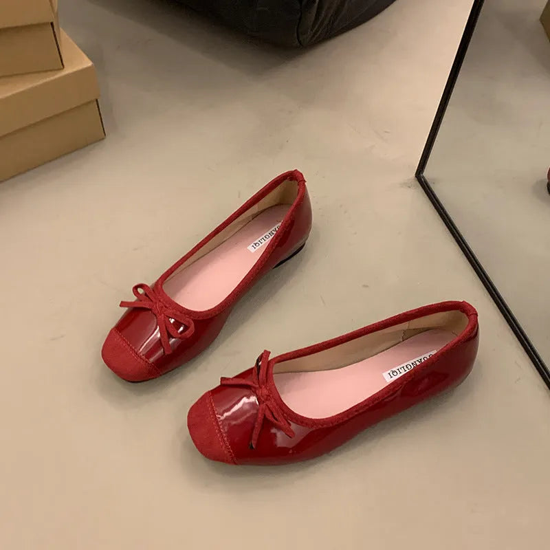 Retro ballet Mary Jane flats in apricot with bow detail and square toe