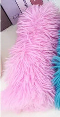 Blue, green, pink, and white cat plush toy pillow measuring 27 by 10 centimetres