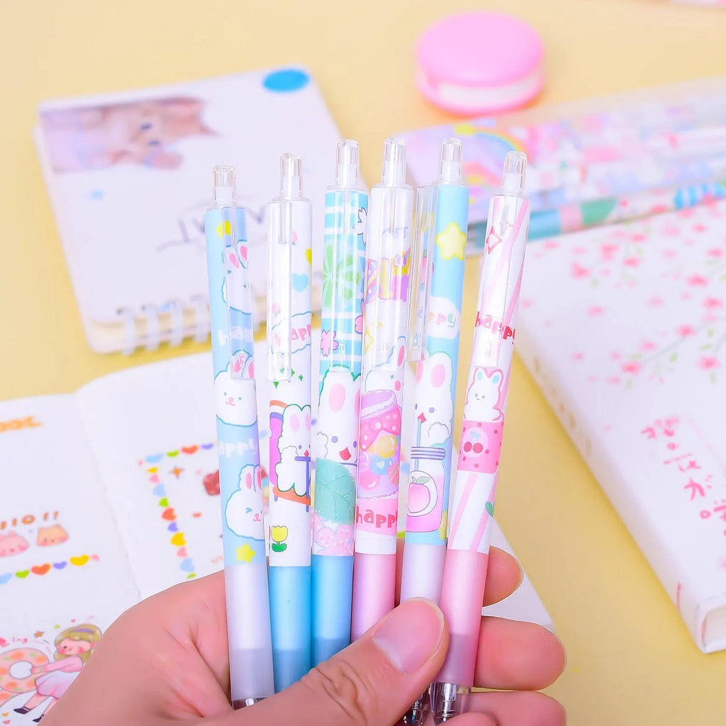 Six cartoon bunny black pens with 0.5mm tips arranged in stationery set