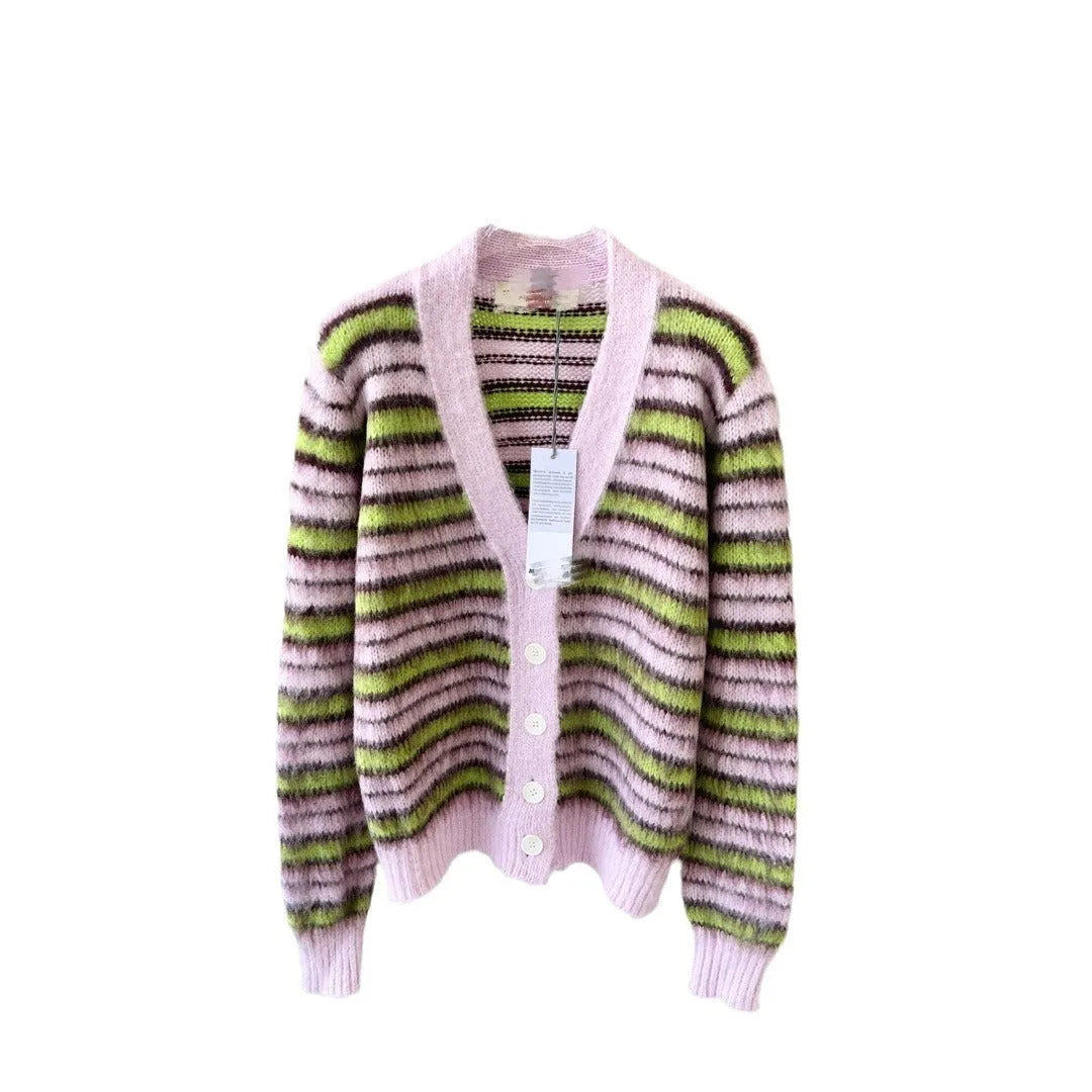 Pink wool knitted cardigan sweater with socialite styling and contrast colour details