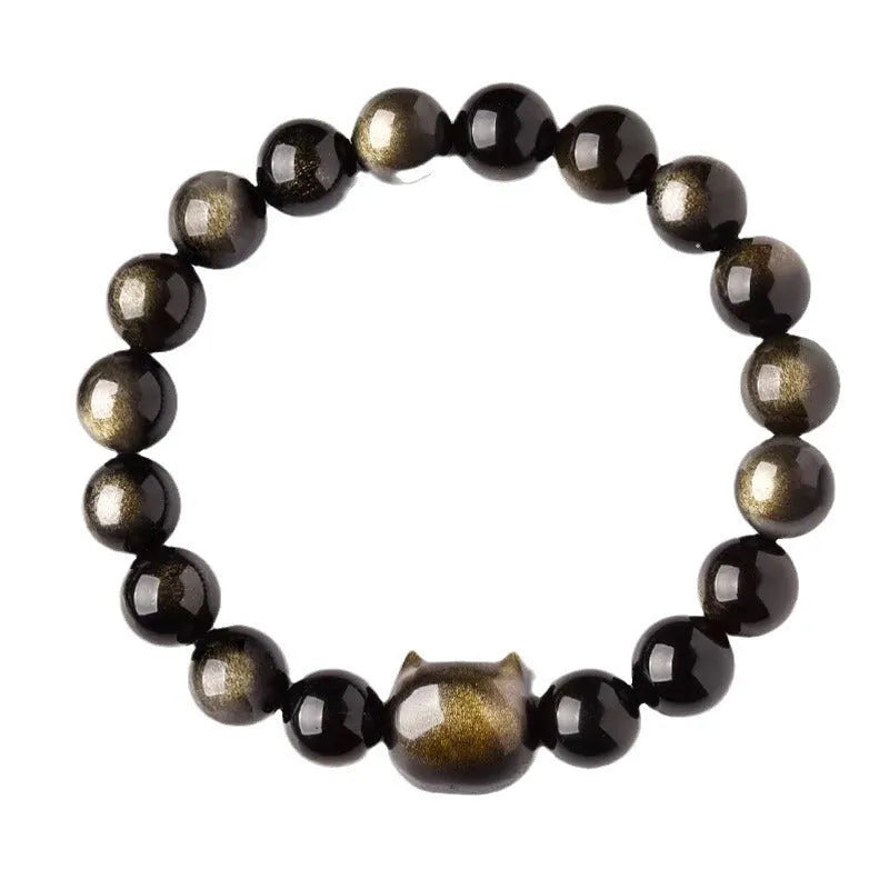 Polished obsidian cat head bracelet with natural stone beads and round cat head accessory, gold style, 10mm beads