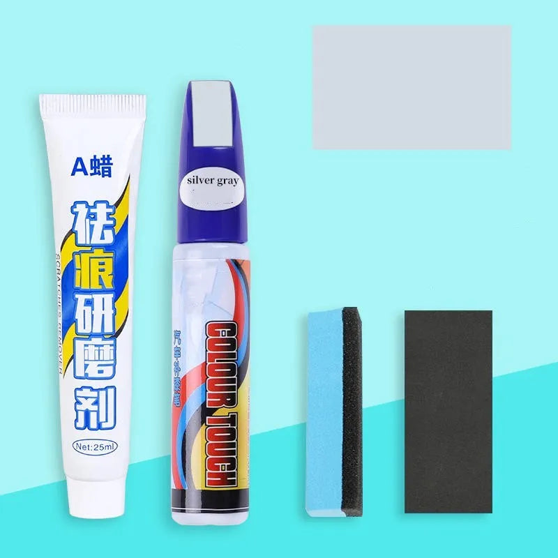 Automotive paint repair pen scratch repair fluid kit with paint pen, wax, sponge, and sandpaper.