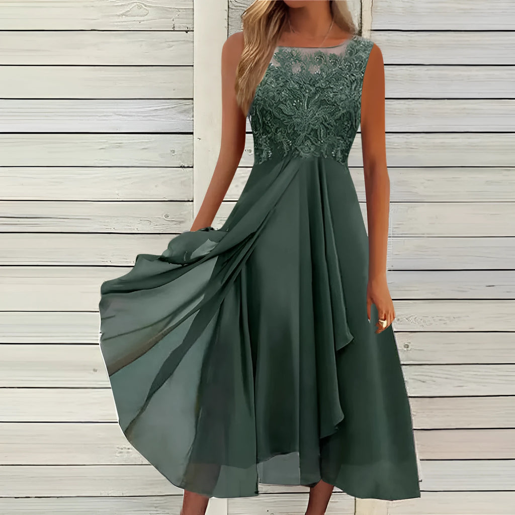 Women's sleeveless green chiffon dress with lace hollow-out detail, mid-length princess style