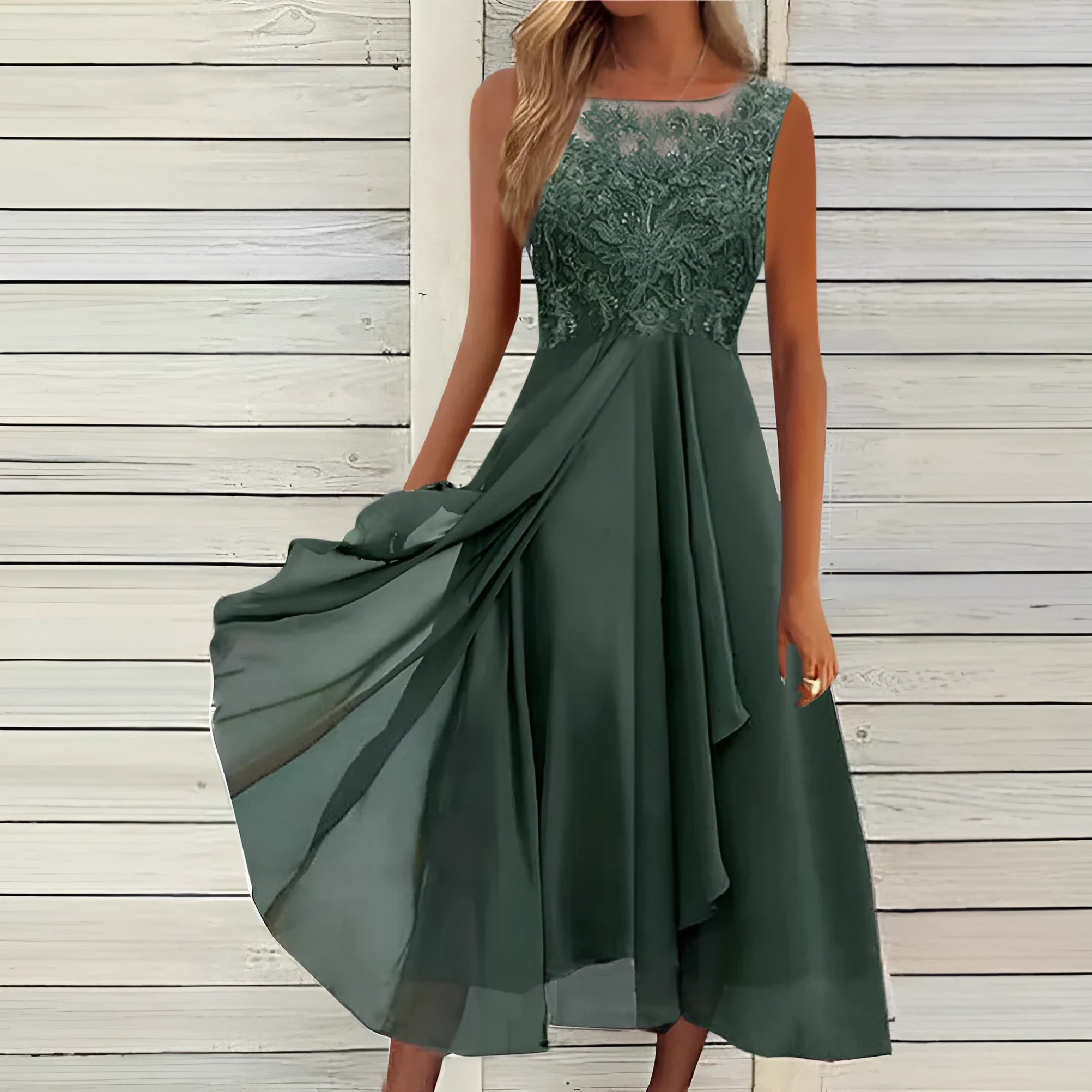 Women's sleeveless green chiffon dress with lace hollow-out detail, mid-length princess style