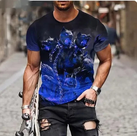 Men's black t-shirt with fierce 3D lion printing graphic design on front