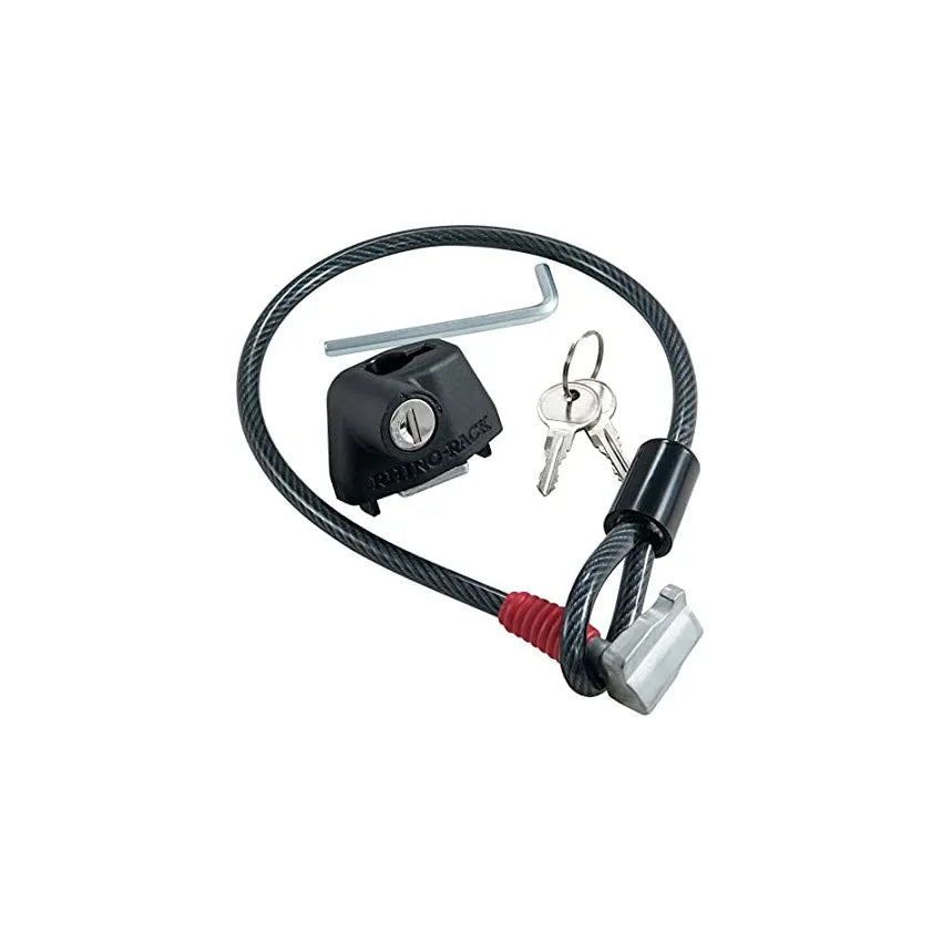 Plastic-sheathed steel cable lock for roof platform securing a ladder, showing no-drill installation.