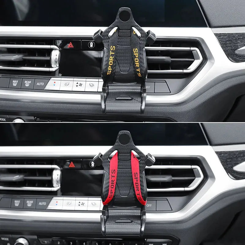 Racing seat shape car phone holder mounted on air vent with gold tape design