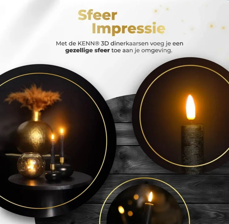 Black 3D Flame LED taper candle showing realistic flickering light effect.