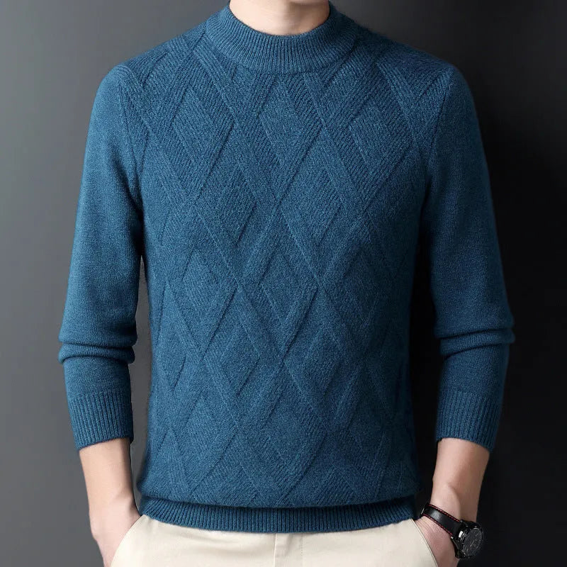 Men's thick wool blend diamond jacquard sweater in light camel colour showing texture detail