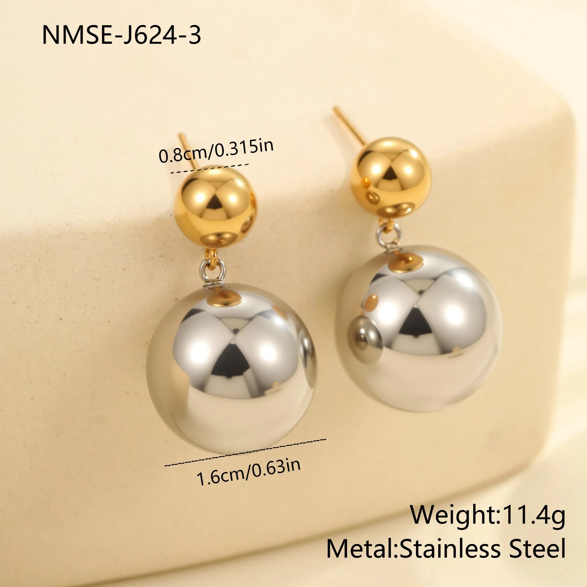 Round beads stainless steel colour-block ear studs with geometric spherical design