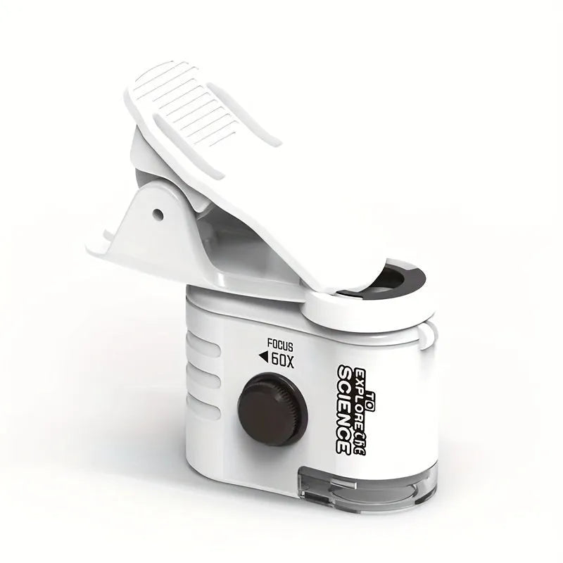 Mini mobile phone microscope with 60x magnification, LED light, and universal clip attached to a smartphone camera