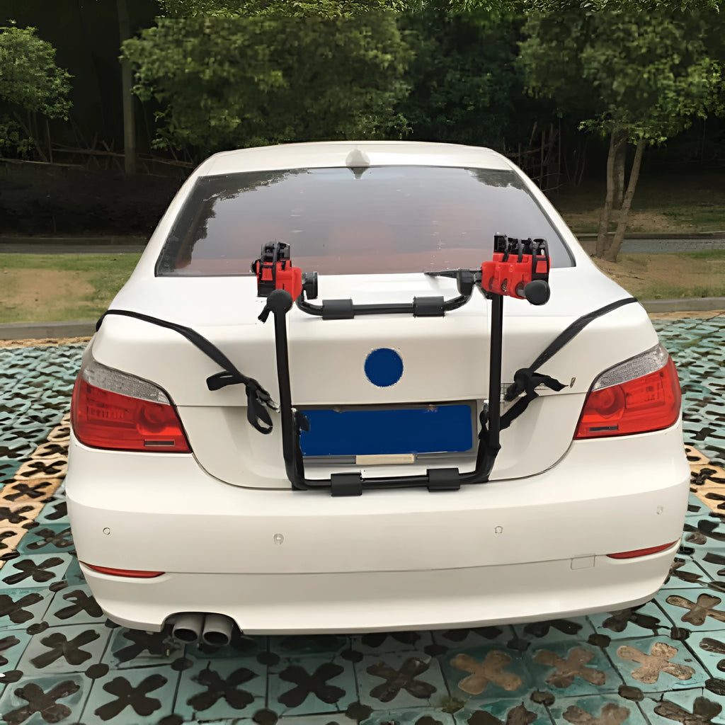 Black and red iron frame car bike rack for trunk mounting, showing tie rope and pull belt fastening styles.