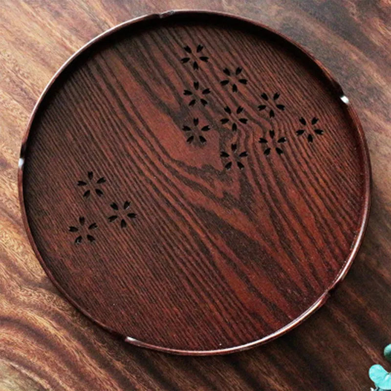 Wooden Japanese shallow dessert plate with hollow sakura cherry blossom pattern, 30cm diameter