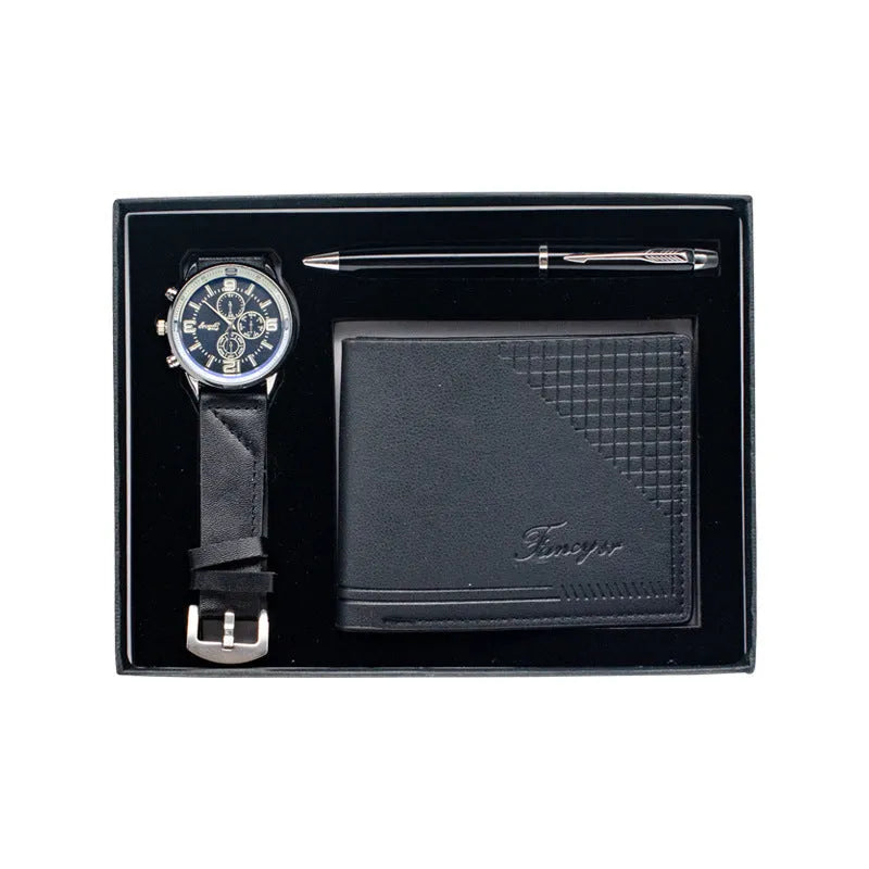 Brown and black 4-piece business gift sets featuring a watch, wallet, pen, and modern simple style presentation box.