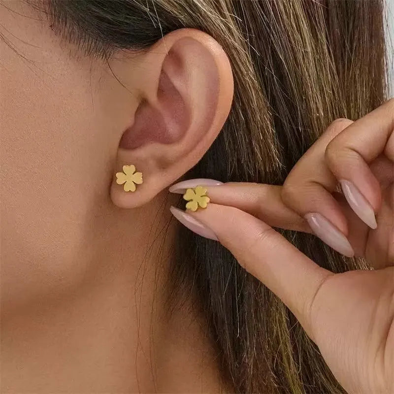 Stainless steel non-fading gold electroplated four-leaf clover earrings 10mm women's jewellery