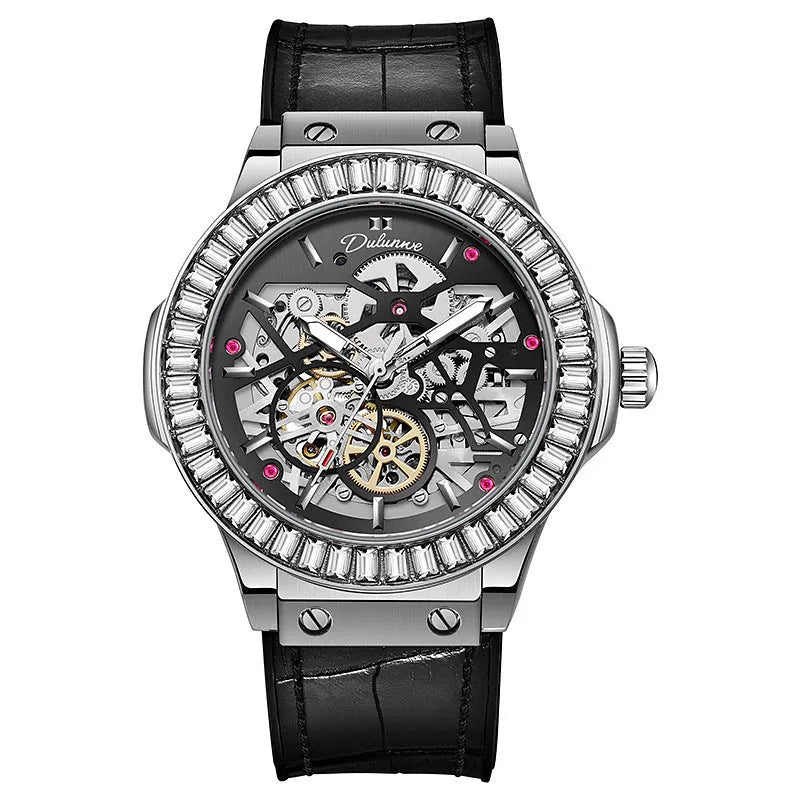 Men's automatic mechanical watch with diamond-studded hollow movement and white case