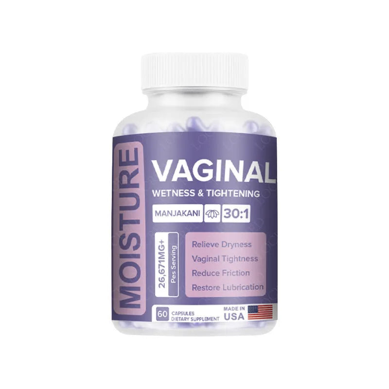 Bottle of 60 vaginal health capsules with natural plant extract formula