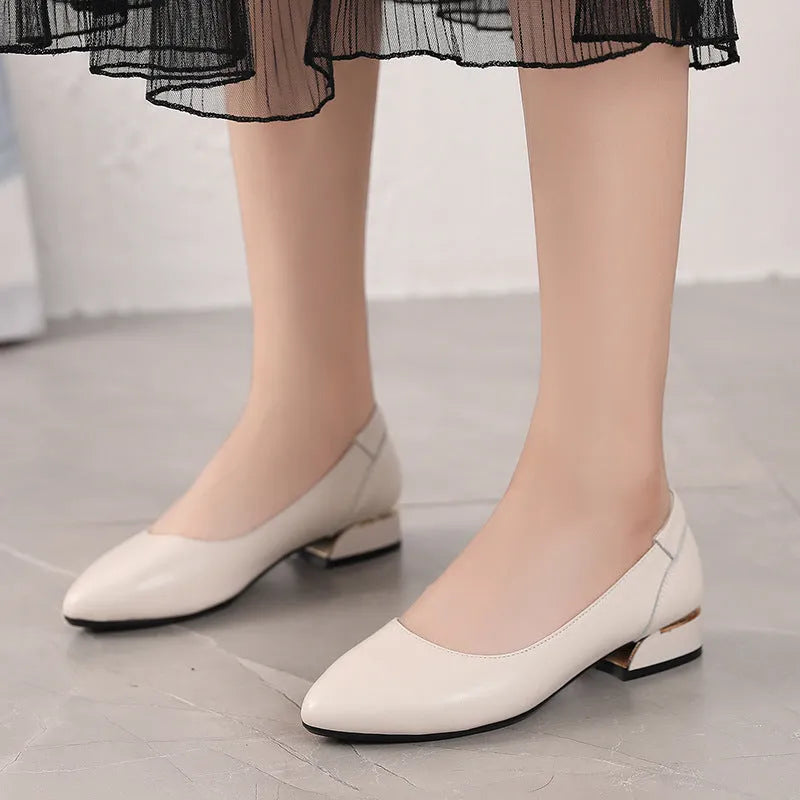 Autumn cowhide flat pointed low-cut shoes for women in beige with low heel and buckle closure