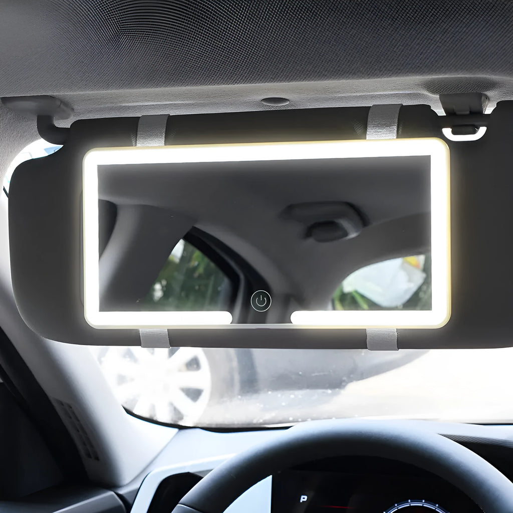 Automotive sun louver makeup mirror with dimmable LED light, 24cm by 11.5cm by 1cm, universal fit for car sun visor
