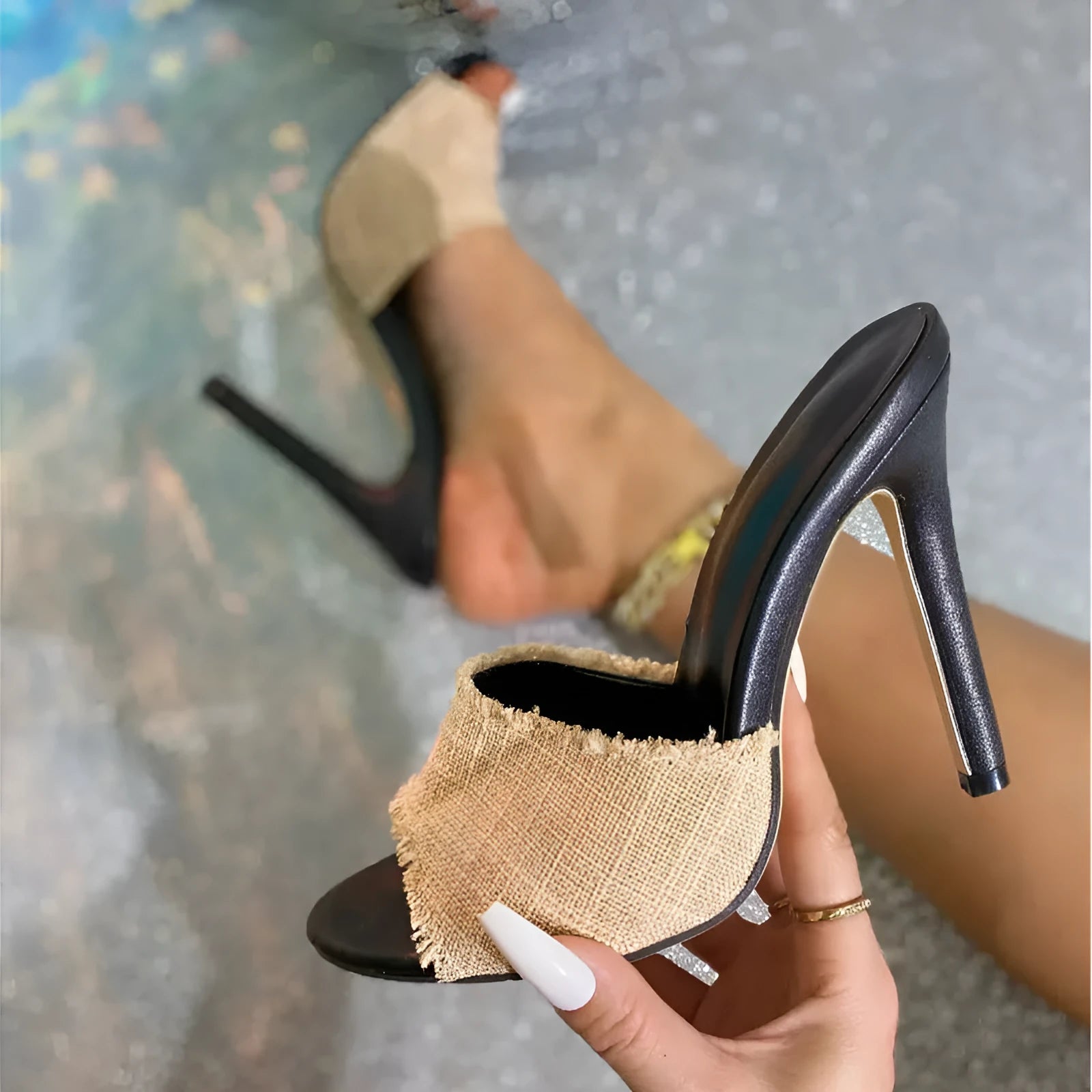 Women's apricot stiletto heel sandals with sheepskin upper and separate toe bracket