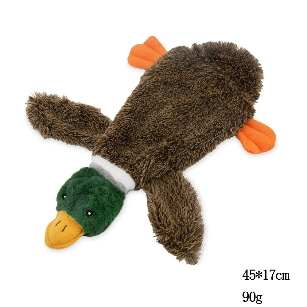 Green wild duck shaped soft dog toy with no stuffing and dual squeakers