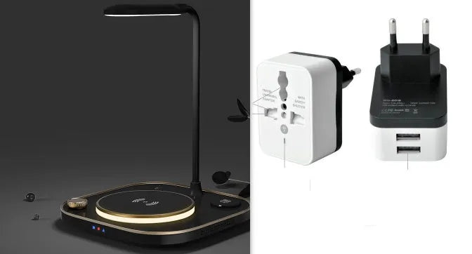 Three-in-one wireless magnetic charger with desk lamp showing 15W fast charging and three-device capability