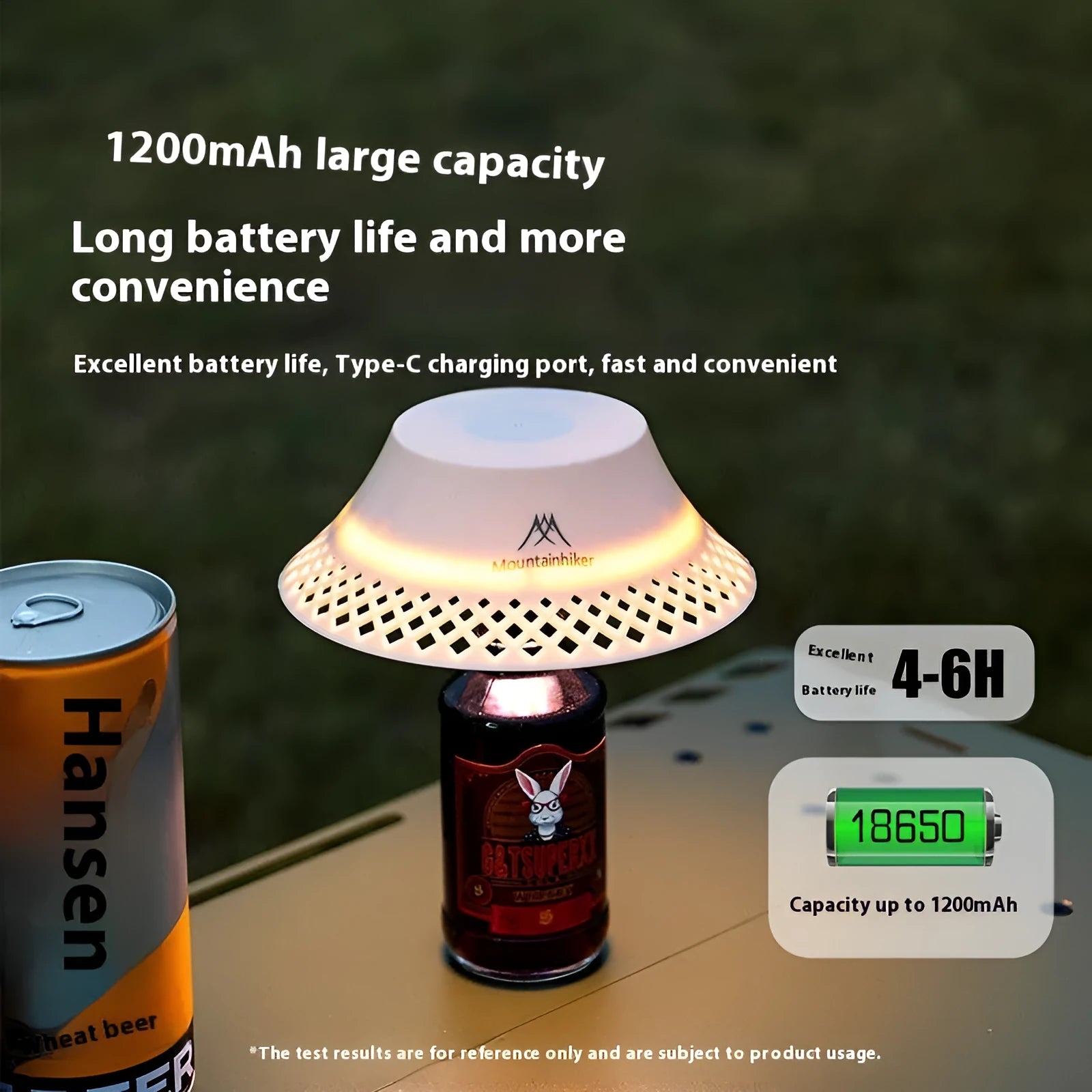 Beige and grey wine bottle shaped camping lantern with USB-C port showing three light mode options