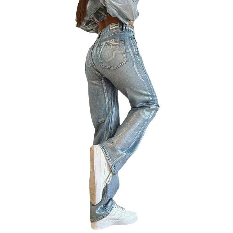 Blue high waisted straight leg jeans with silver contrast details on denim fabric
