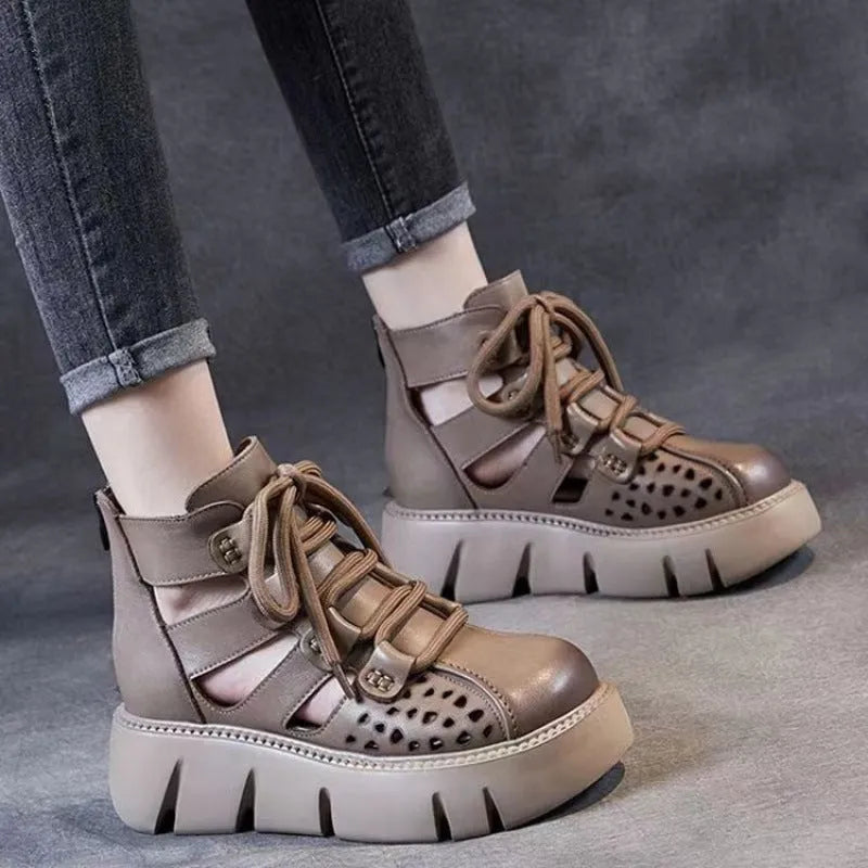 Women's platform sandals with hollow hole design, fish-mouth toe, PU sole, in black colour
