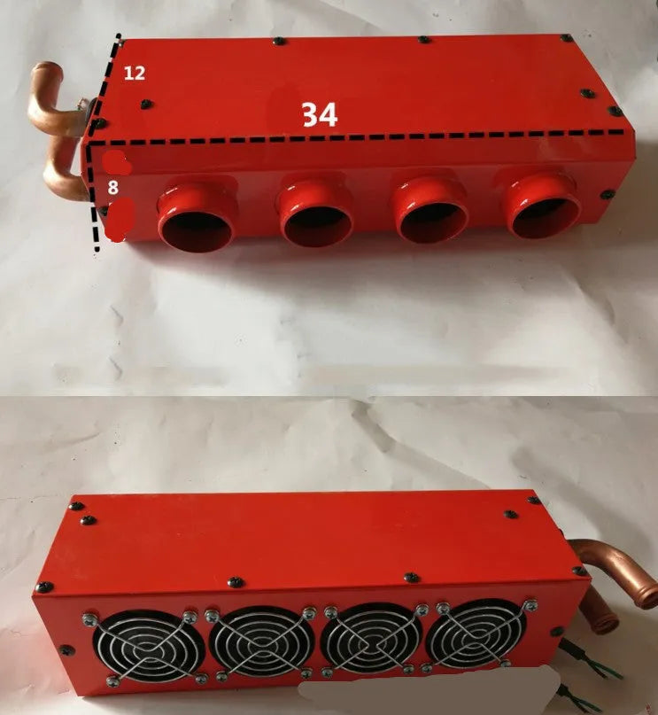 Metal car heater unit with long small four-hole copper pipe for 12V or 24V vehicle installation.