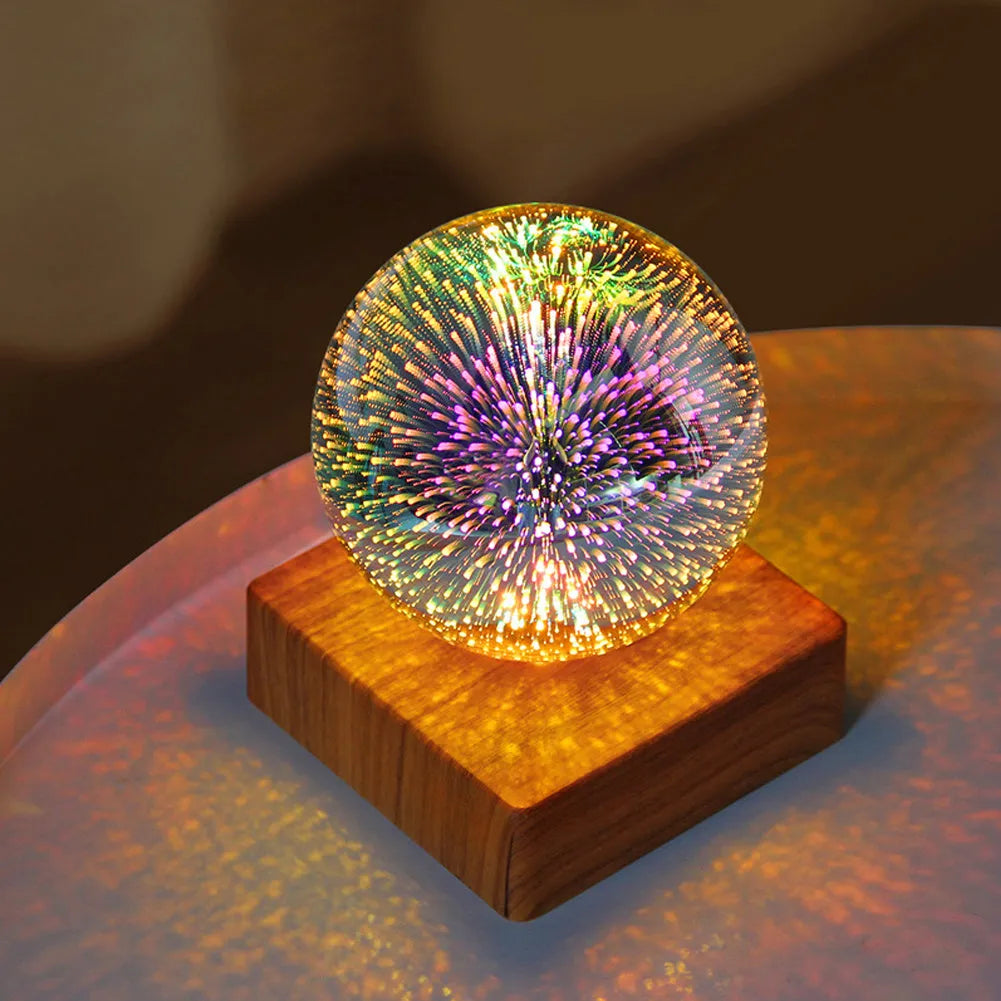 USB 3D firework crystal ball night light with touch control on a wooden table, warm LED glow effect