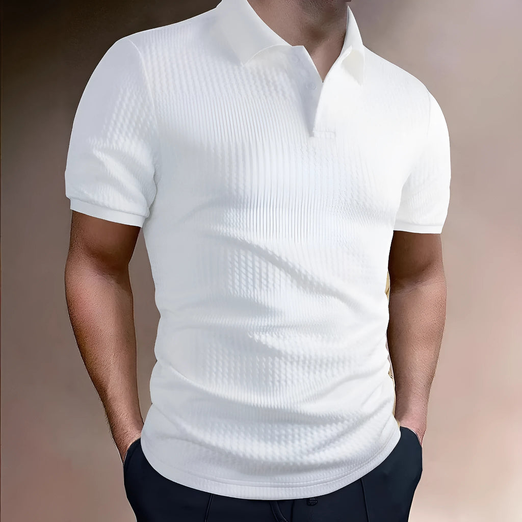 Men's striped polo shirt in khaki, loose fit short sleeve, asymmetric detail, polyester blend