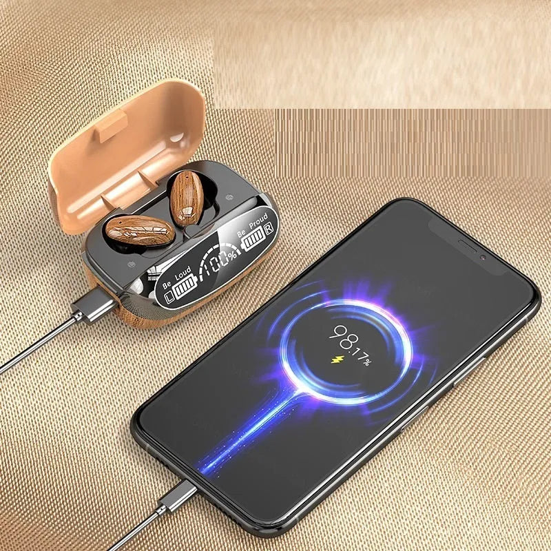 M35 wood grain Bluetooth wireless headphones with charging case