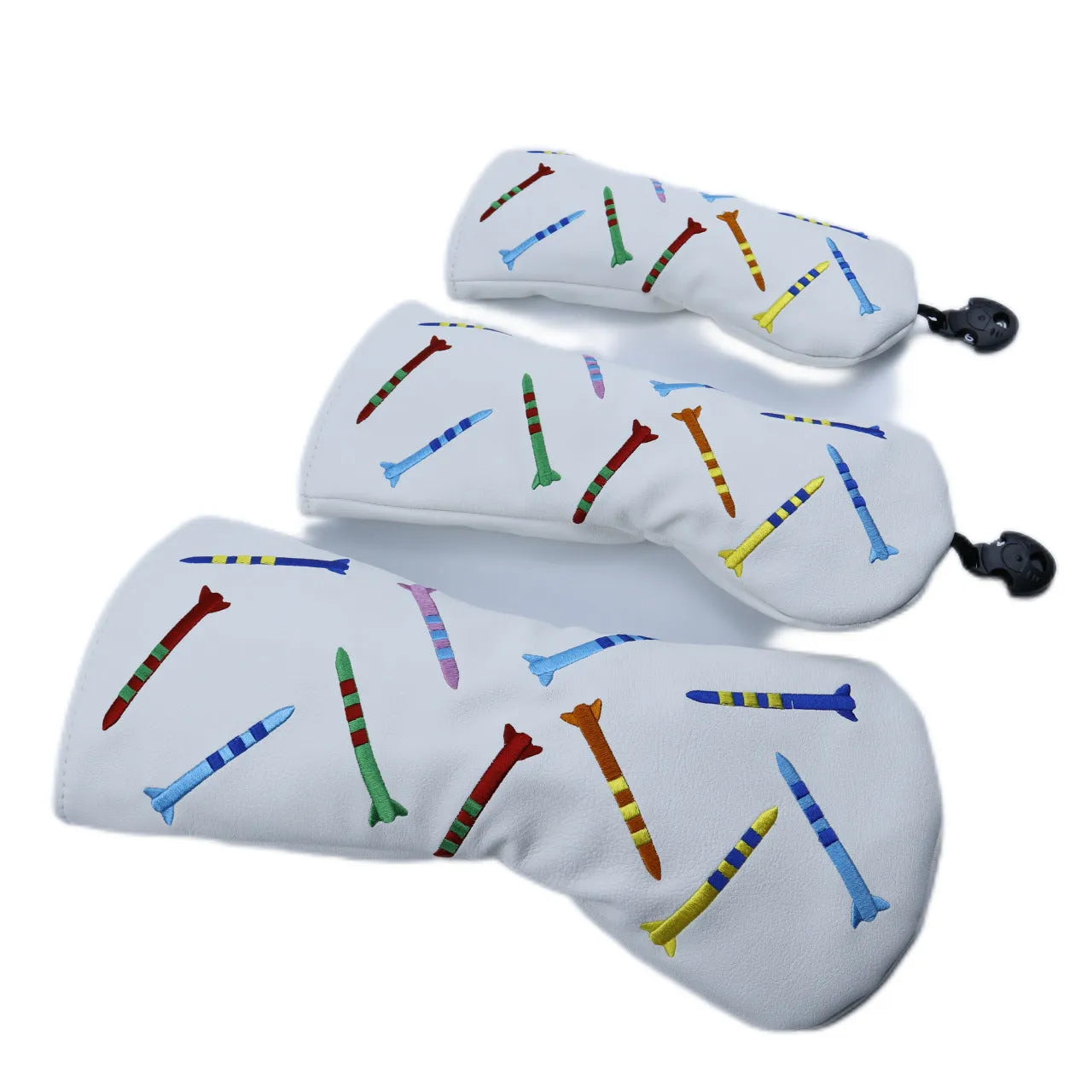 Golf club wooden pole sets in black and white colours showing large, medium and small size options