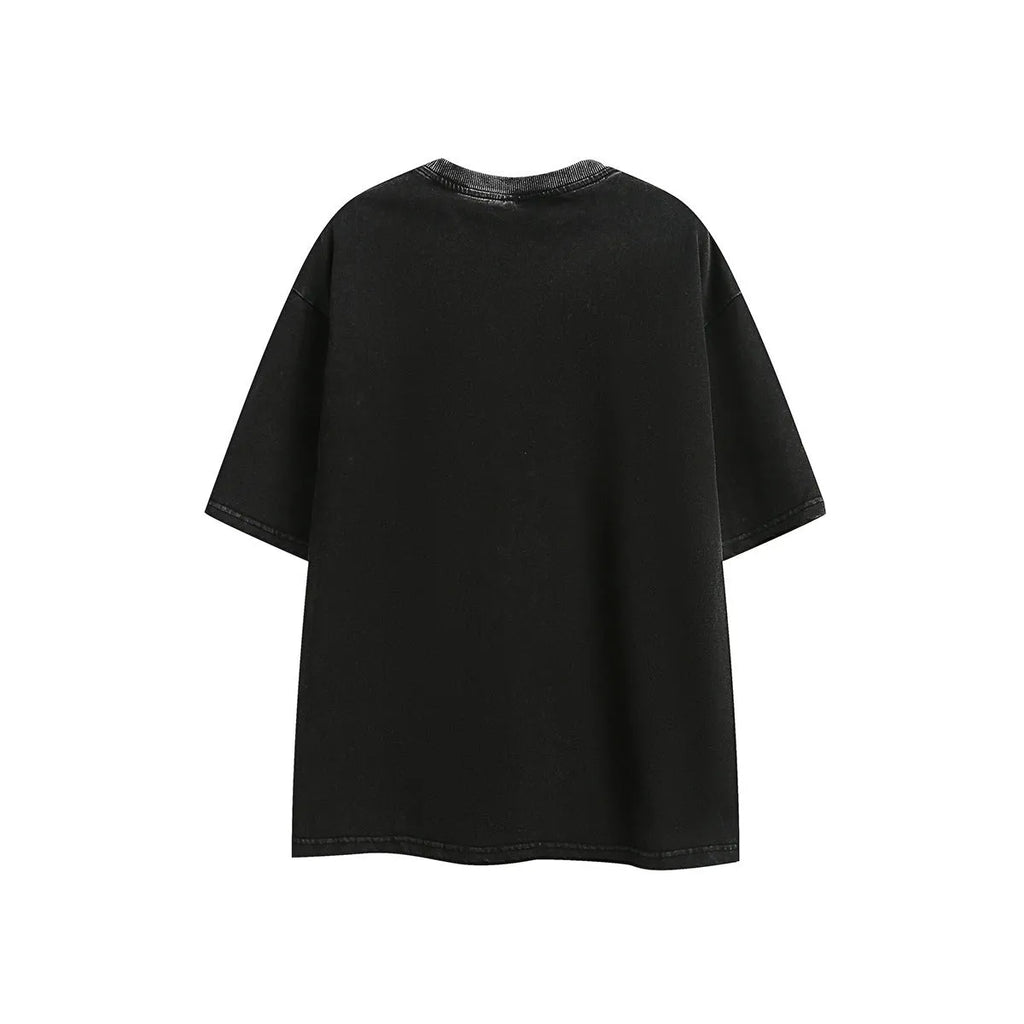 Retro loose fit half-sleeve T-shirt with embroidered detail in washed cotton fabric