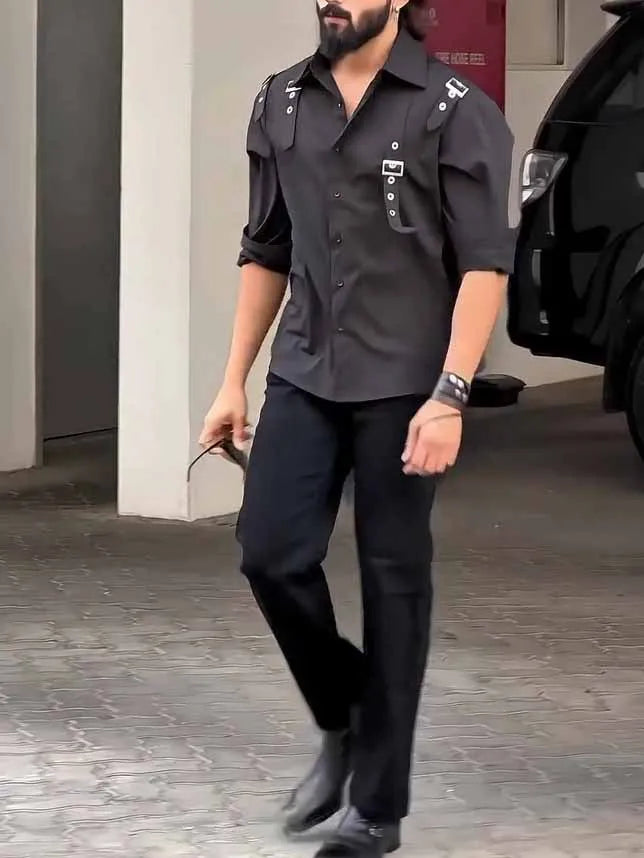 Men's black button-up utility shirt with a regular fit, shown flat