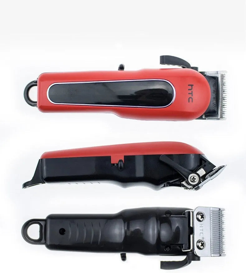 Black digital hair clipper with four plastic limiting combs and a bottle of oil on a white background.