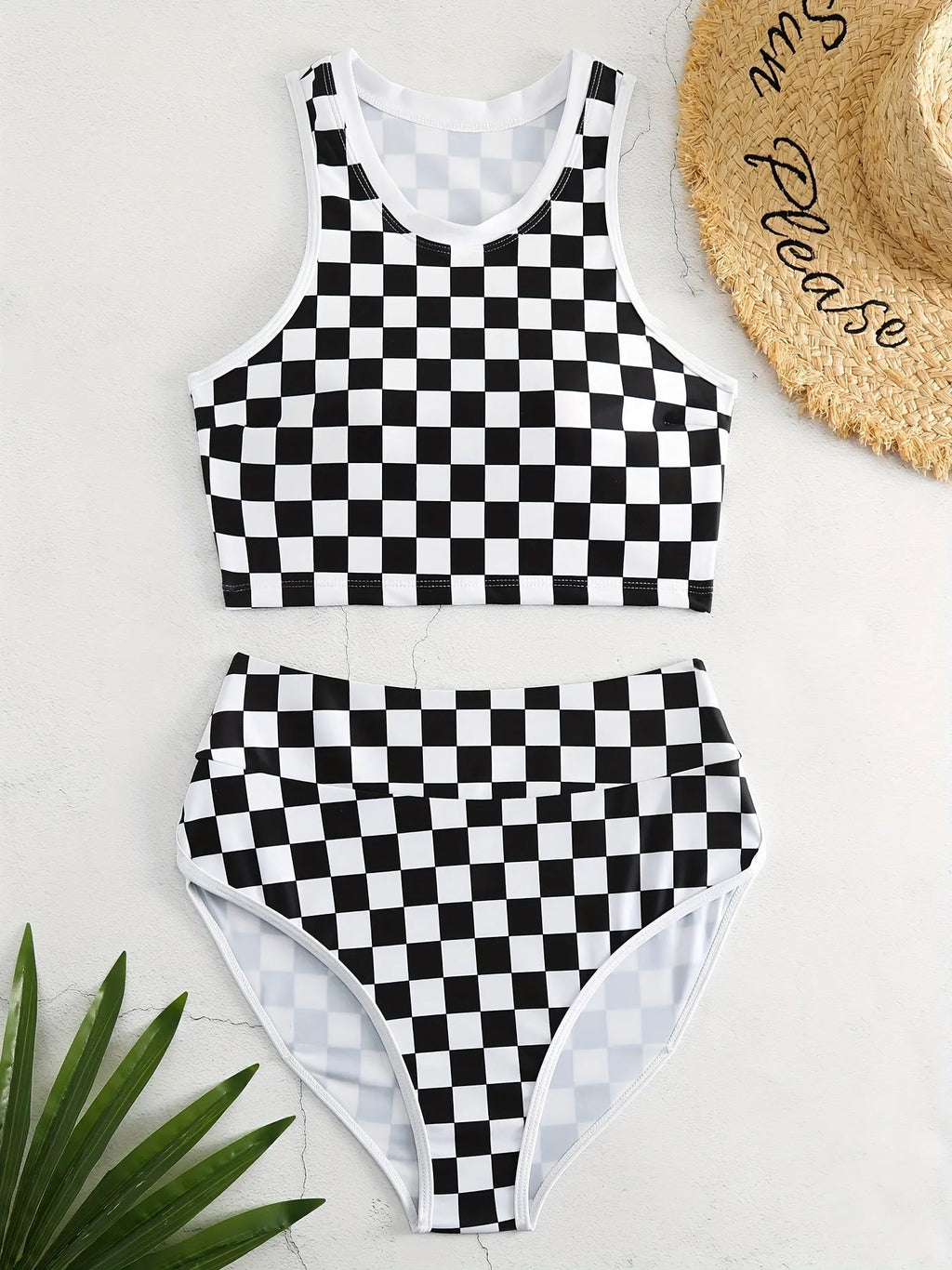 Racing one-piece swimsuit with suspender and backless in chessboard plaid pattern for women