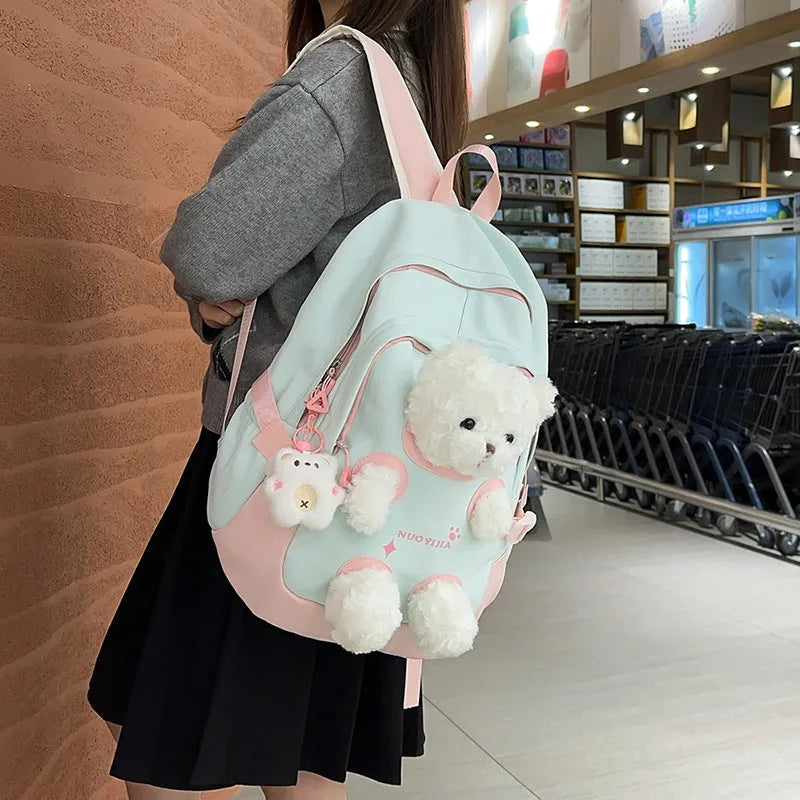 Cute Bear nylon schoolbag with curved shoulder straps, 20-35L capacity, in yellow pink colour