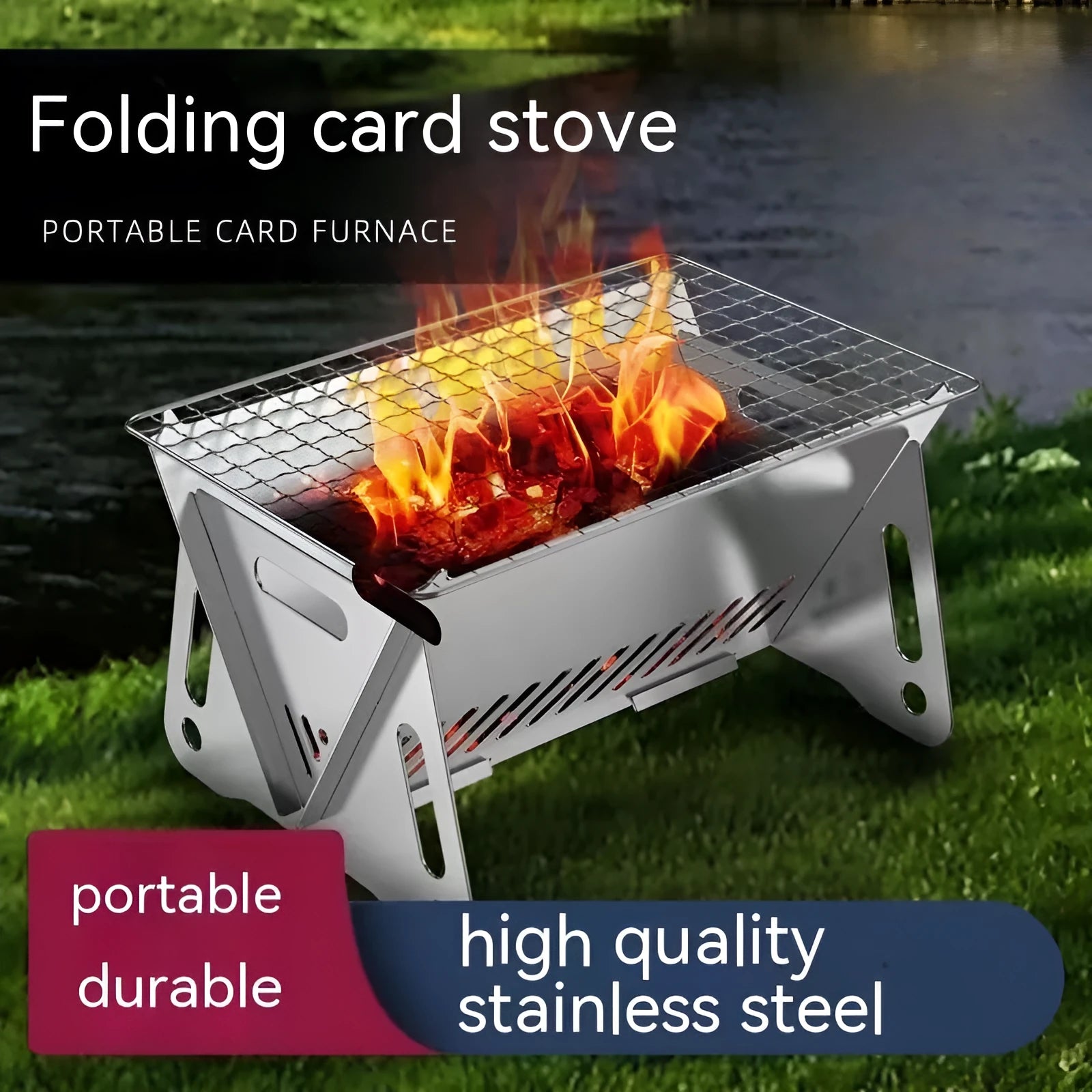 Folding stainless steel barbecue oven and BBQ grill with storage bag for outdoor use.